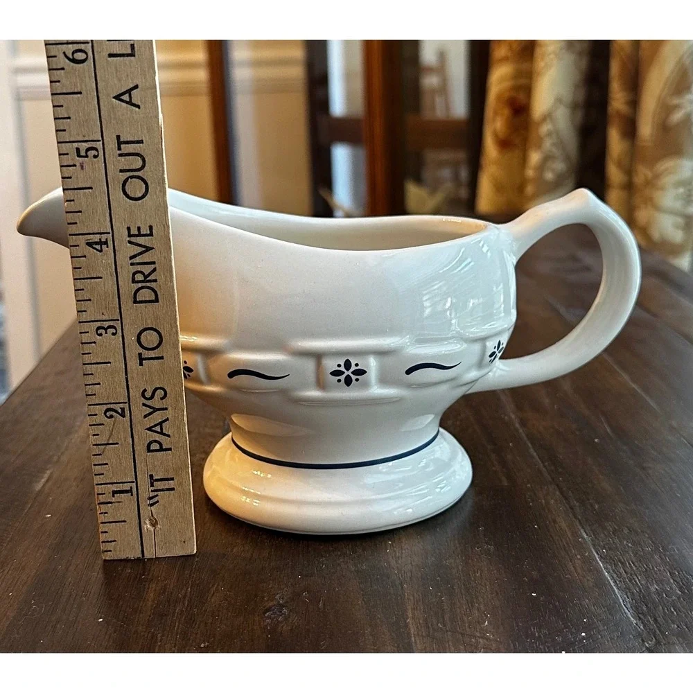 Longaberger Pottery Woven Traditions Ivory Gravy Boat Navy Blue Blue Accents USA